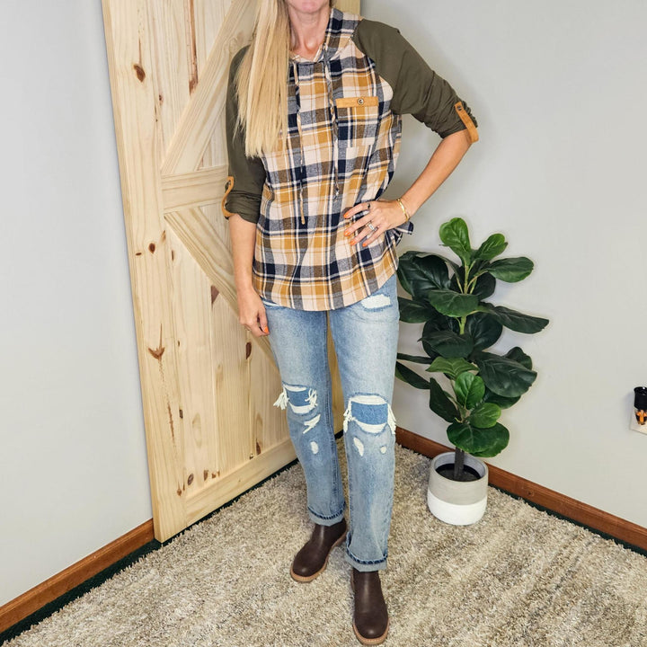 Raglan Hooded Plaid Top