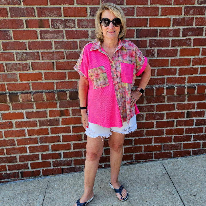 Mixed Media Button Down Washed Shirt