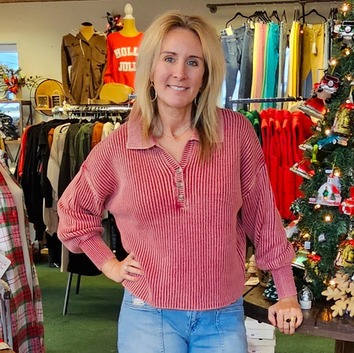 Washed Collared Henley Shirt Sweater