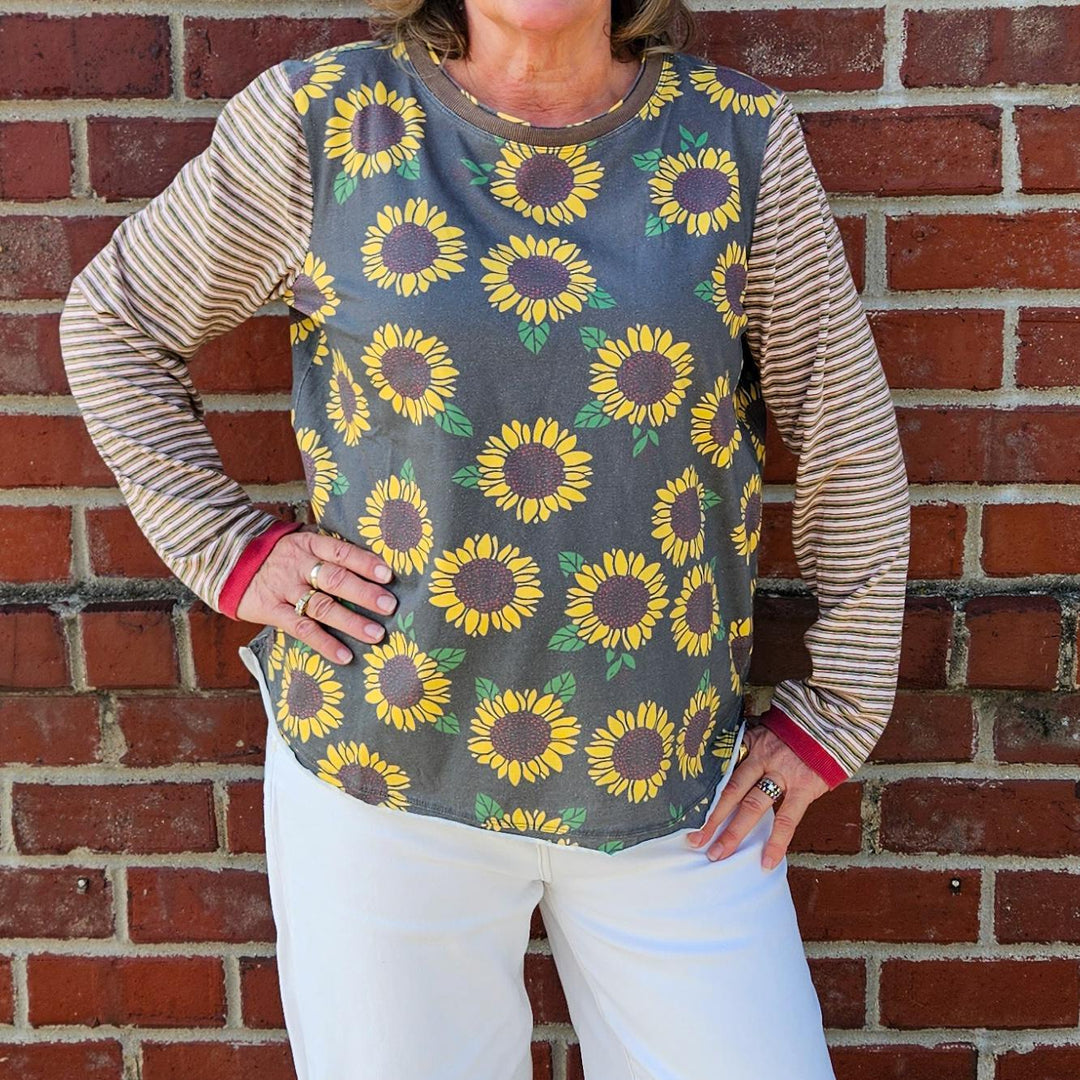 Sunflower Print Striped Shirt