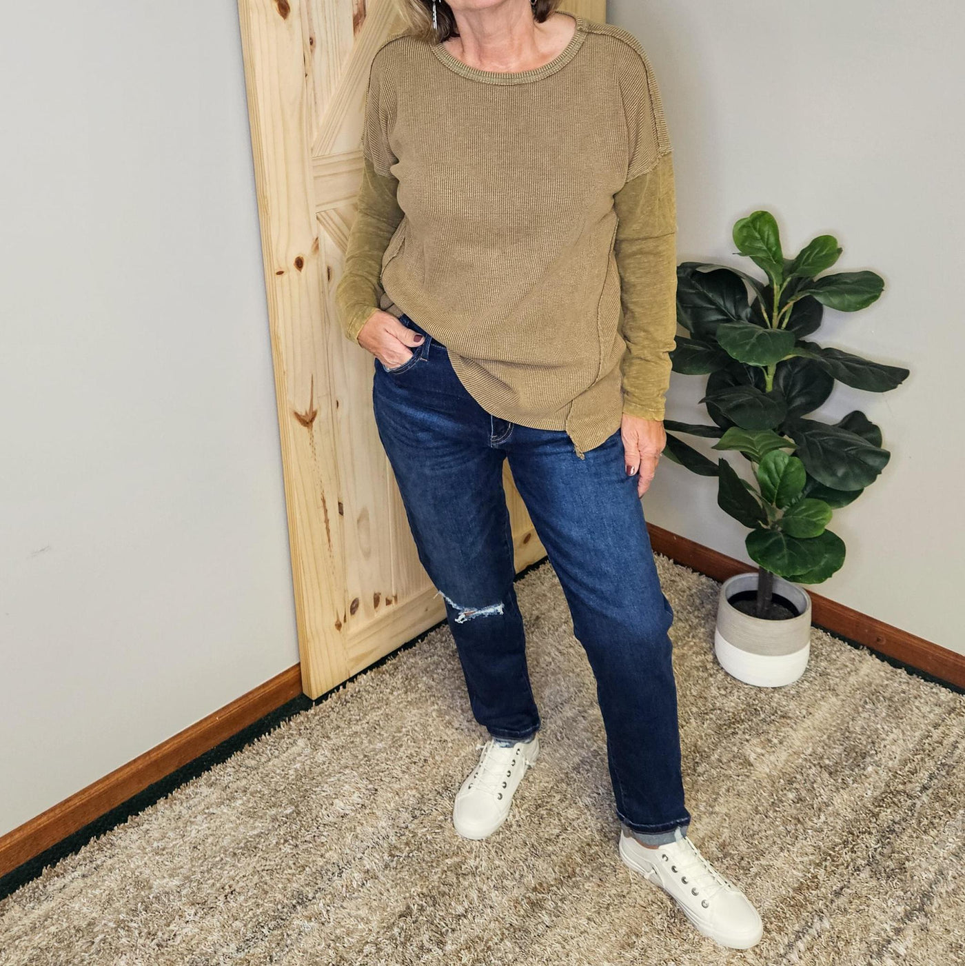 Washed Drop Shoulder Knit Top