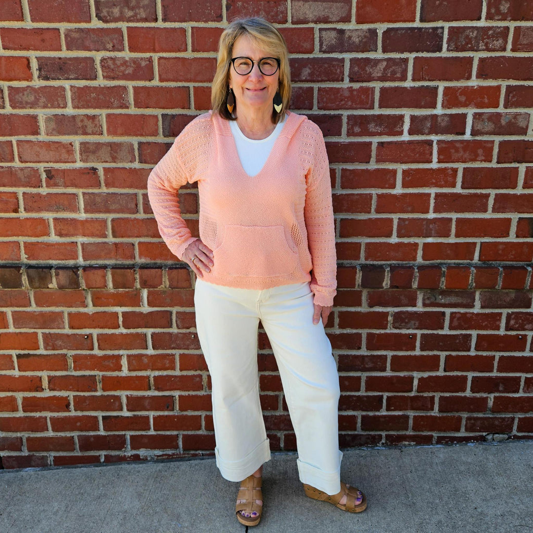 Crochet Knit Pointelle Hoodie Sweater