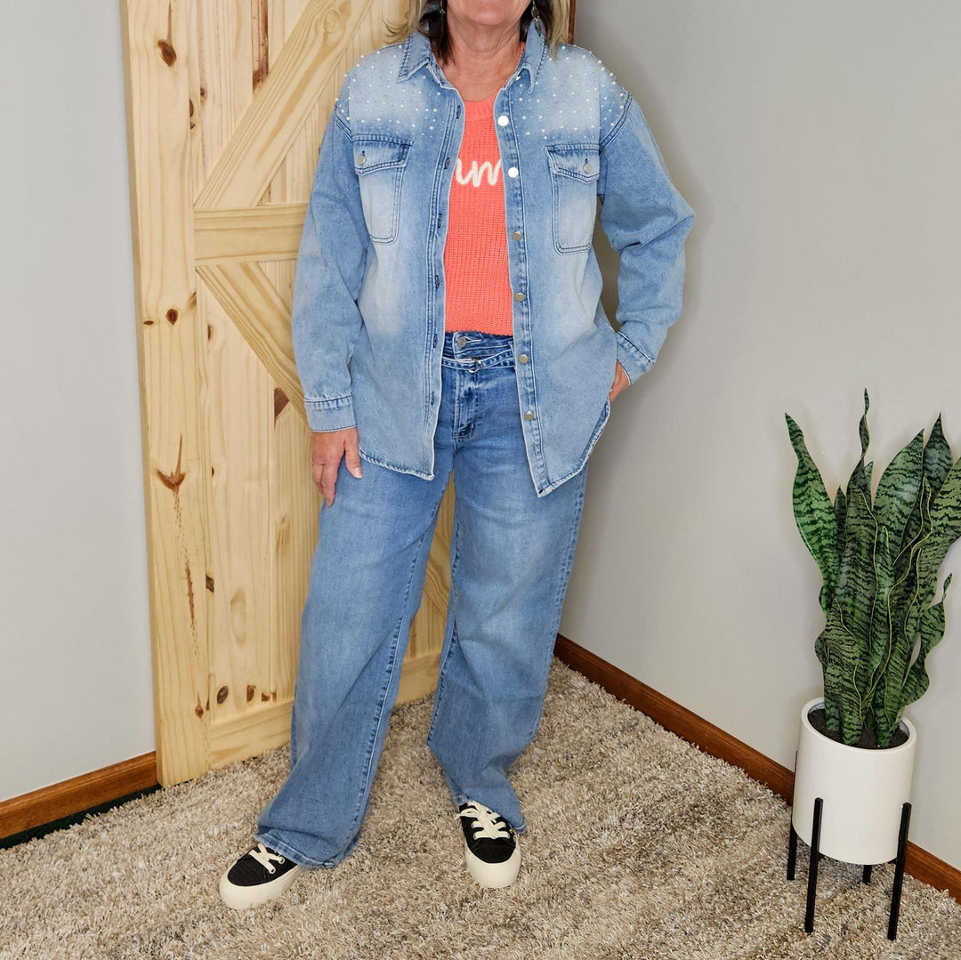 Pearl Bling Denim Button Up