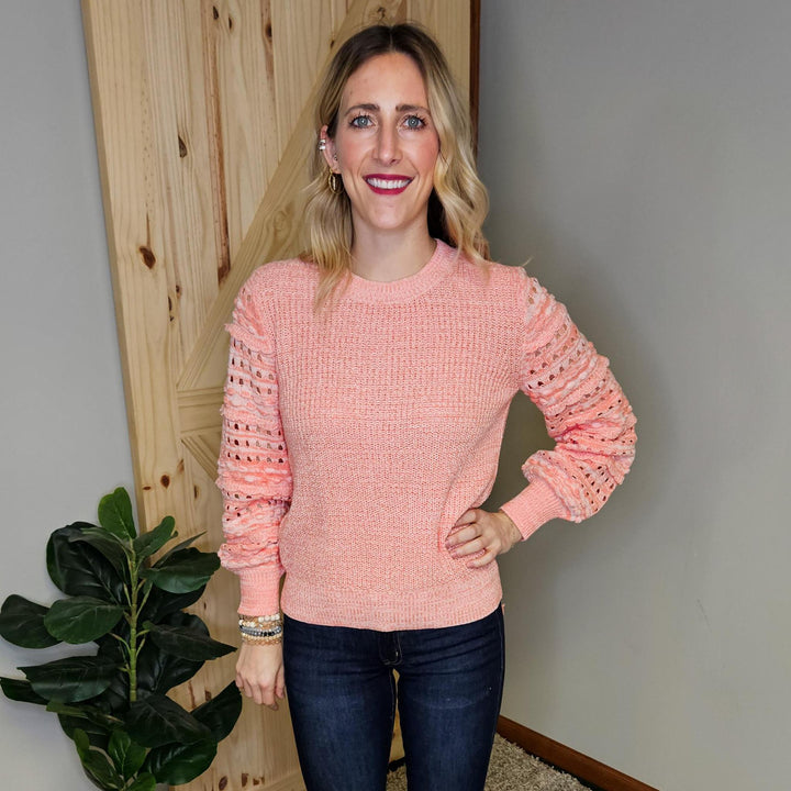 Crew Neck Sweater w/ Textured Sleeves