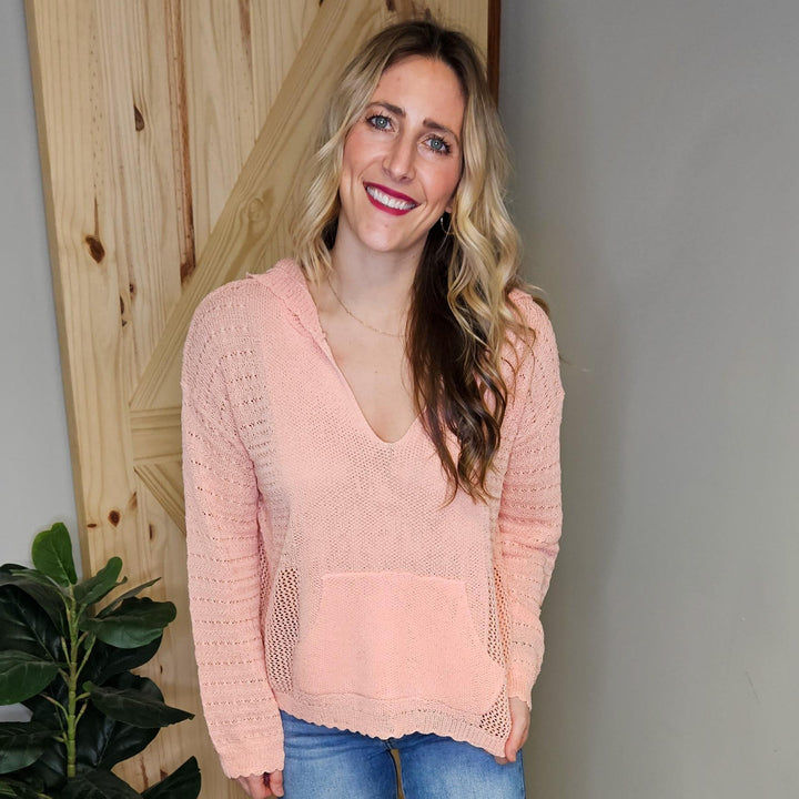 Crochet Knit Pointelle Hoodie Sweater