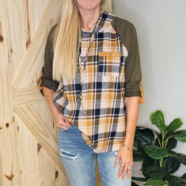 Raglan Hooded Plaid Top
