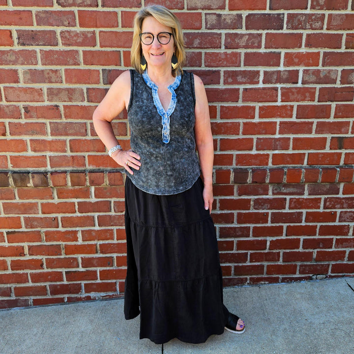 High Rise Tiered Long Tencel Skirt