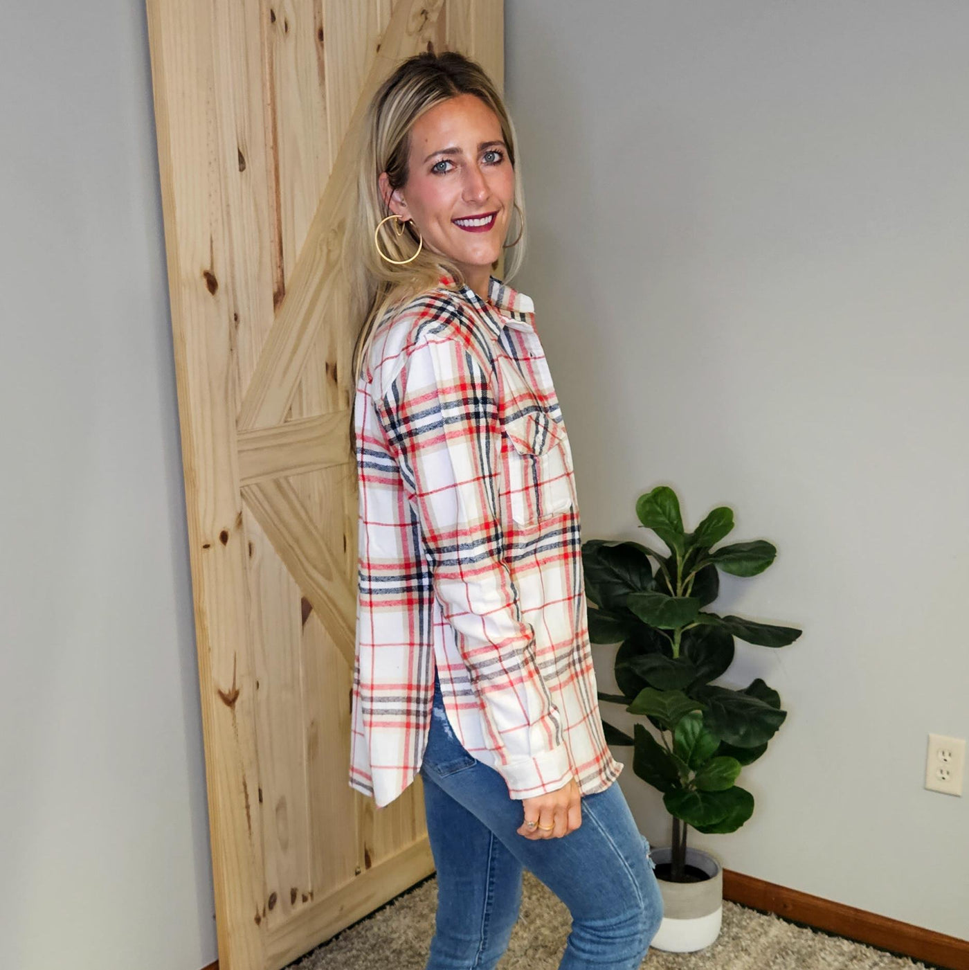 Ivory, Red & Navy Plaid Flannel