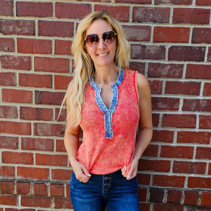 Washed Thermal Sleeveless Henley Top