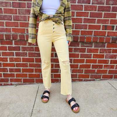 Pale Yellow High Rise Ankle Straight Pants