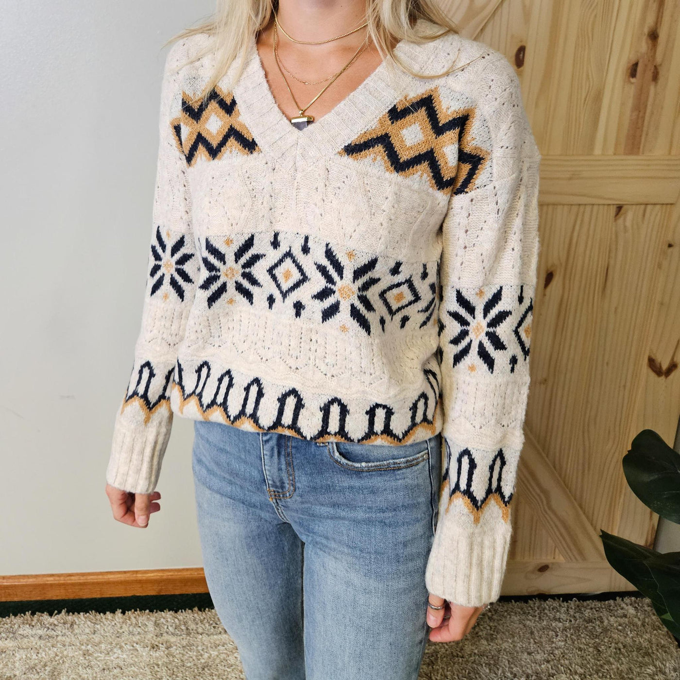 Pointelle V-neck Sweater