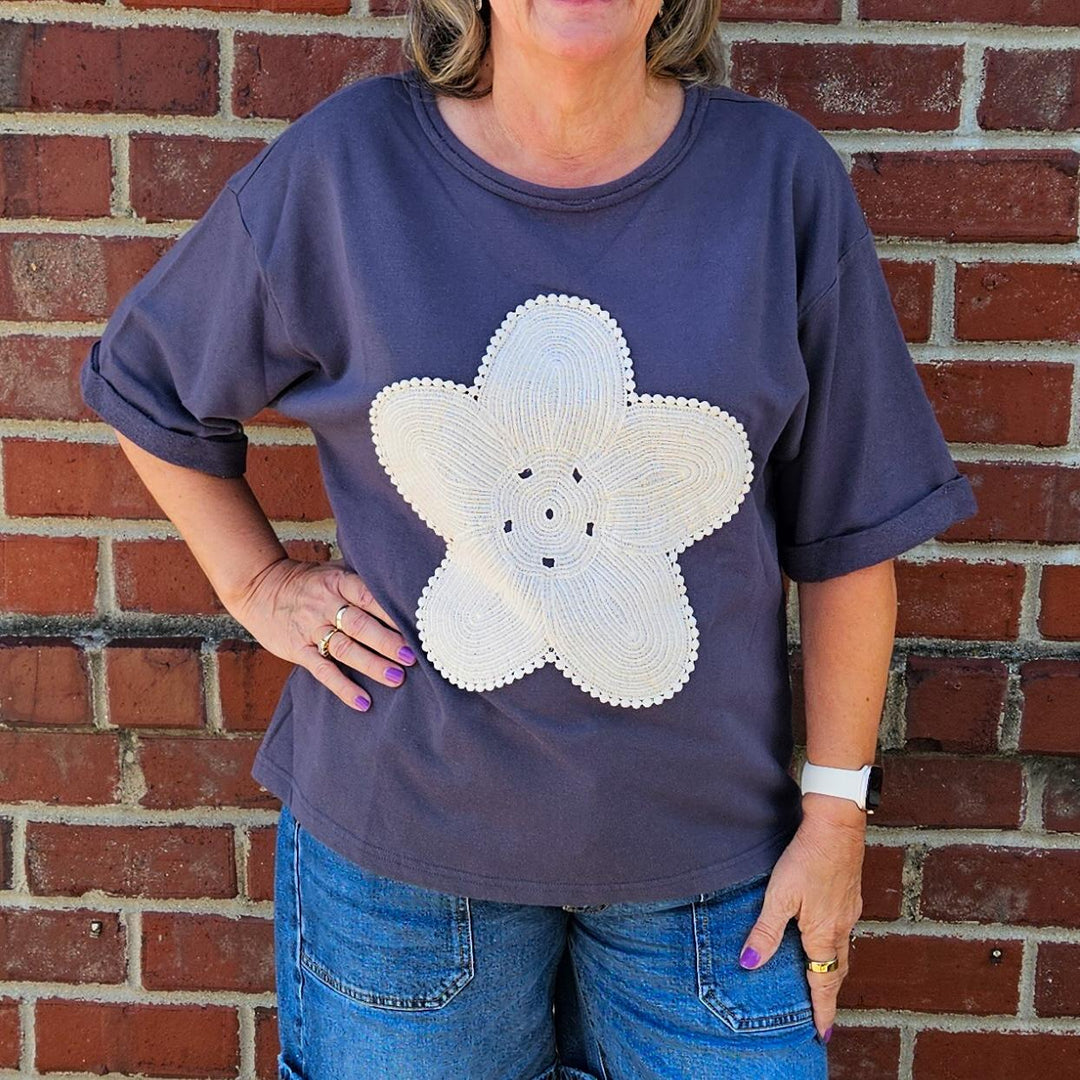 Half Sleeve Patch Flower Top
