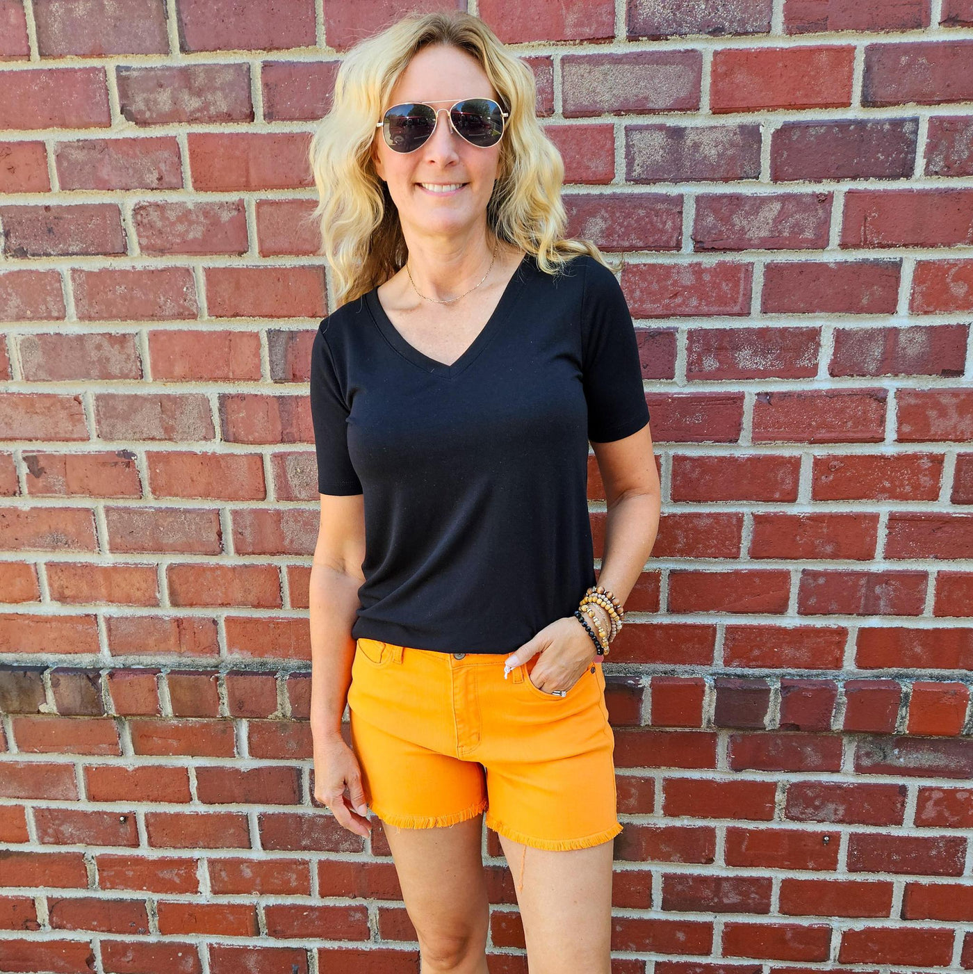 Orange Frayed Hem Shorts