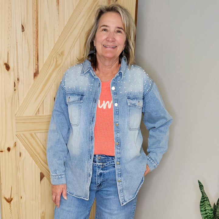 Pearl Bling Denim Button Up