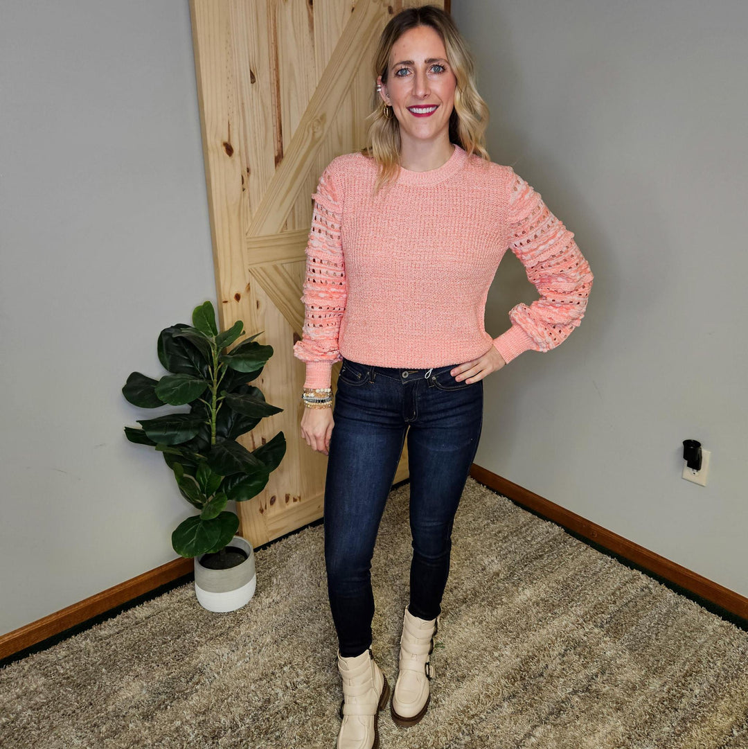 Crew Neck Sweater w/ Textured Sleeves