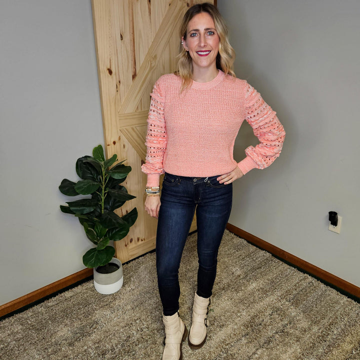 Crew Neck Sweater w/ Textured Sleeves