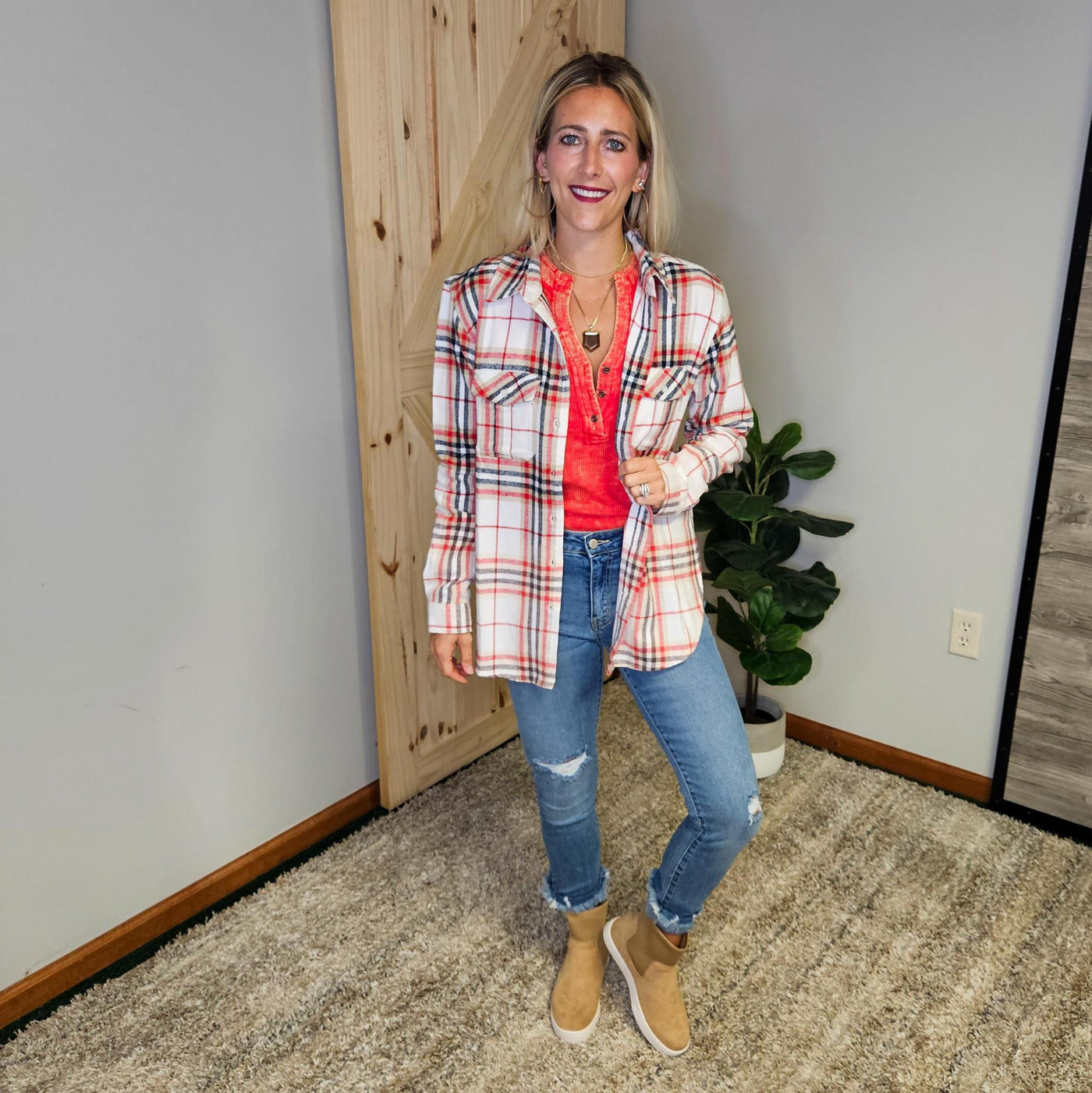 Ivory, Red & Navy Plaid Flannel