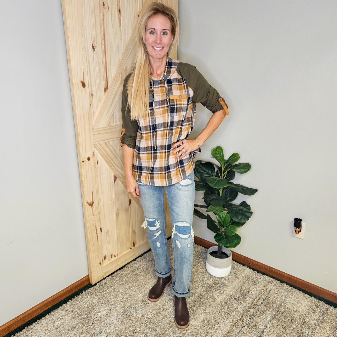 Raglan Hooded Plaid Top