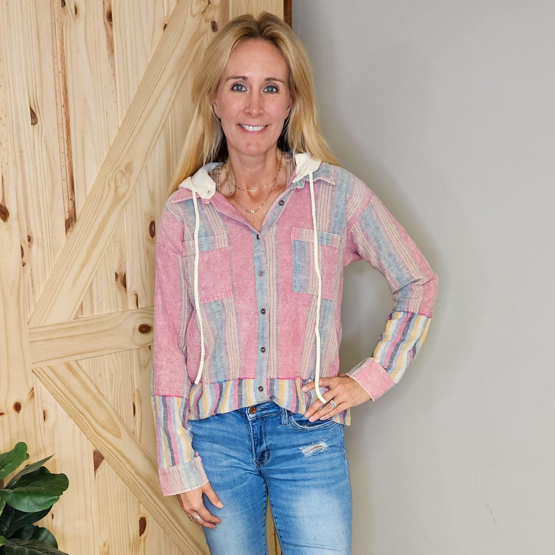 Striped Button Up Washed Hoodie Jacket