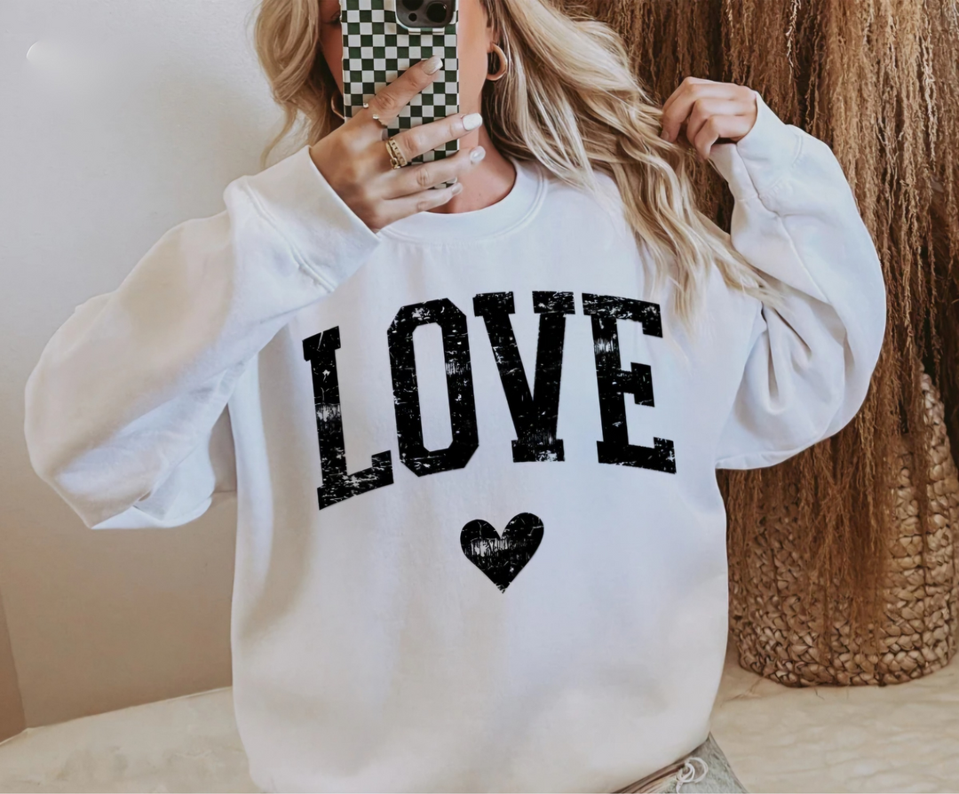 Black Distressed LOVE White Sweatshirt