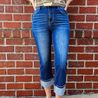 High Rise Cuffed Straight Jeans