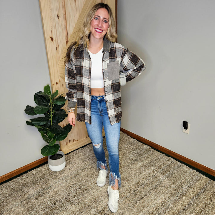 Washed Plaid Oversized Shirt Jacket