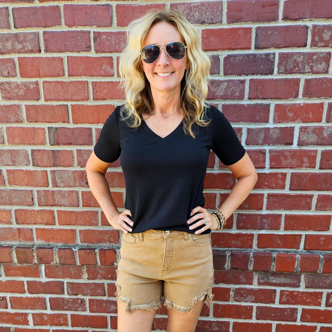 High Rise Side Step Hem Shorts