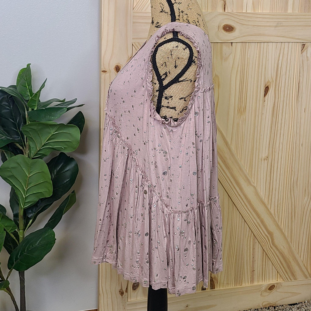 Foil Printed Raw Edged Ruffle Detail Top