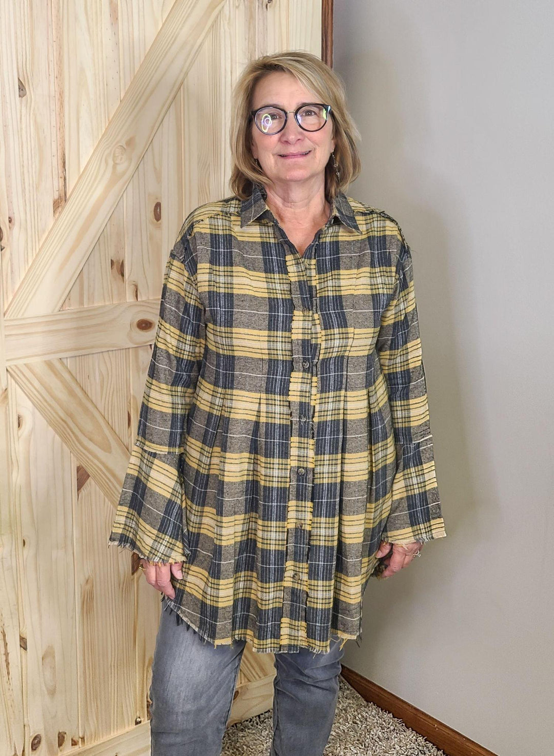 Bell Sleeves Plaid  Button Down Tunic