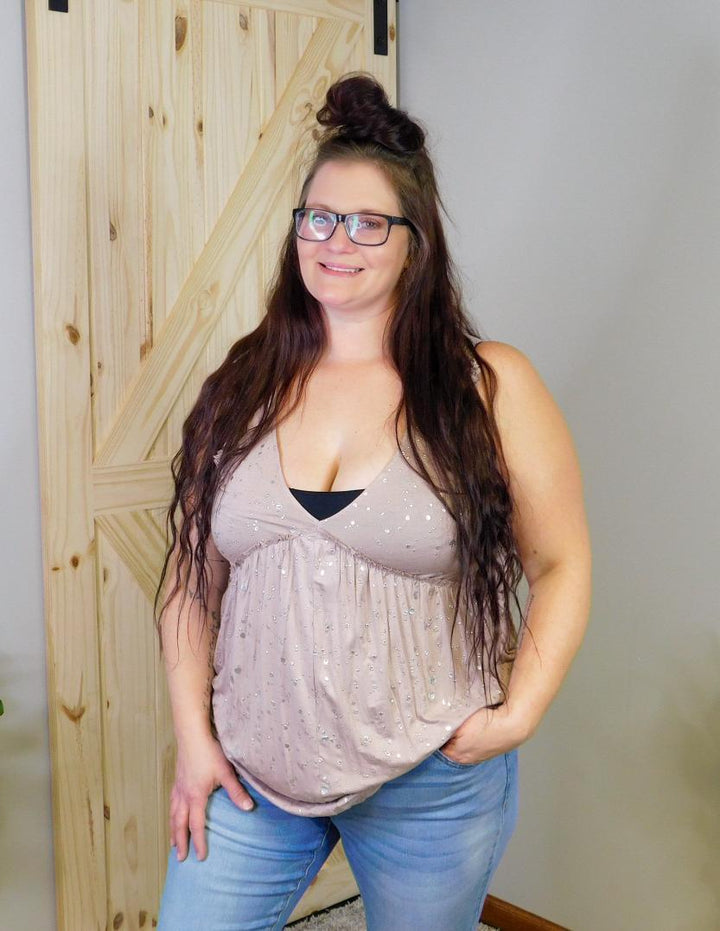 Foil Printed Raw Edged Ruffle Detail Top