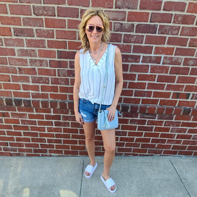 Woven Stripe Sleeveless V-Neck Top