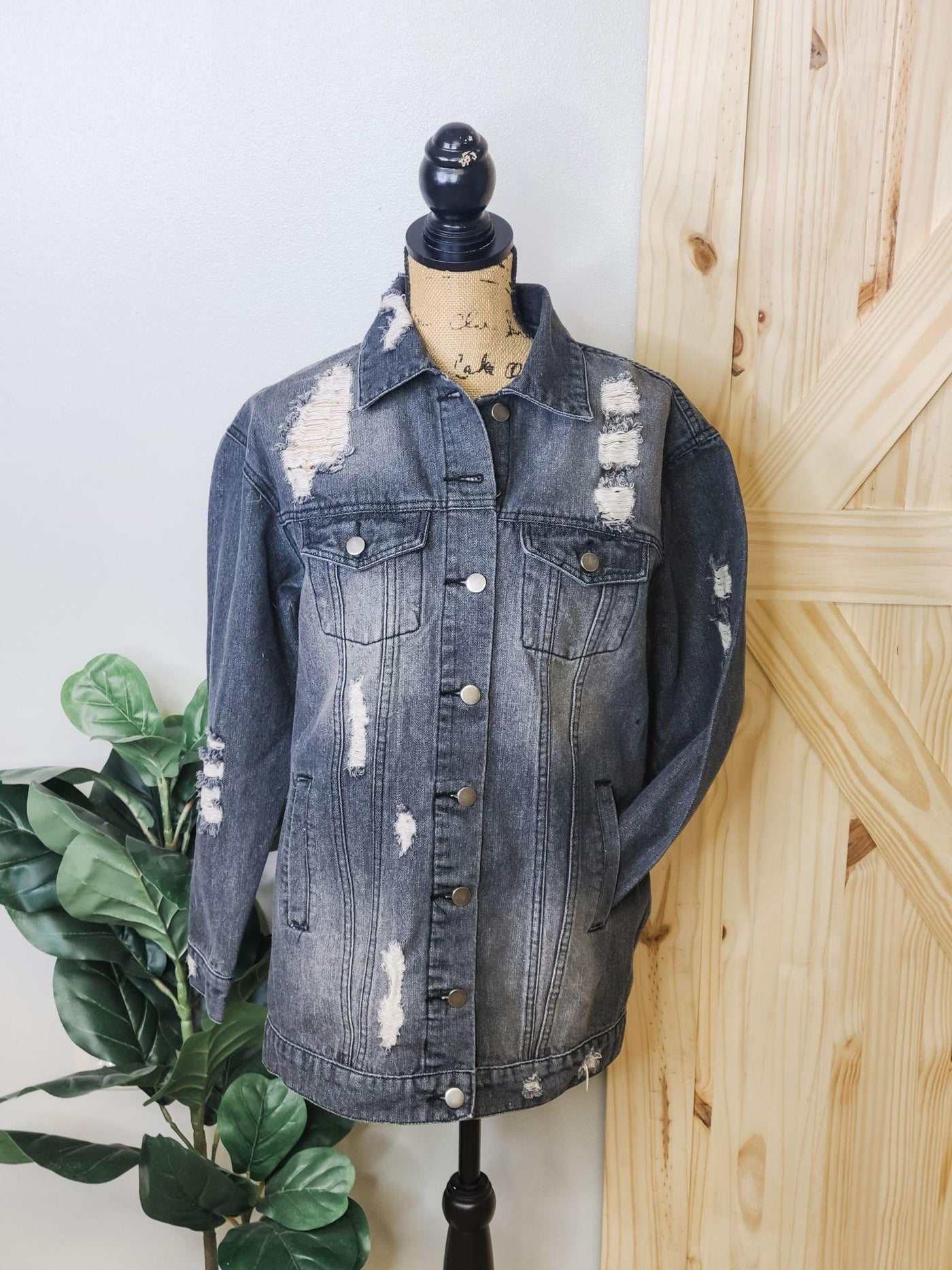 Distressed Oversized Black Denim Jacket