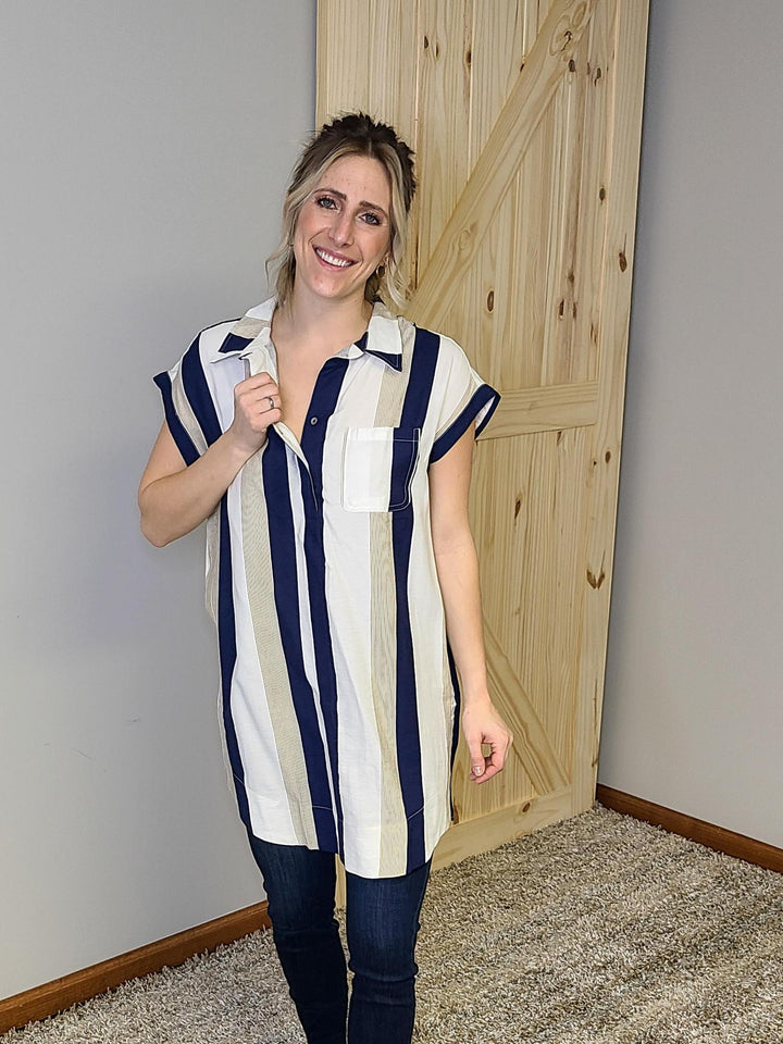 Stripe Shirt Collar Tunic Dress