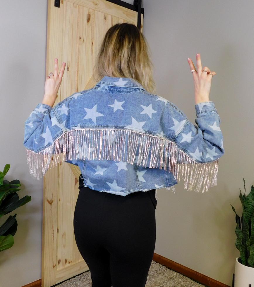Star Print Jacket w/ Back Tassel Rhinestones