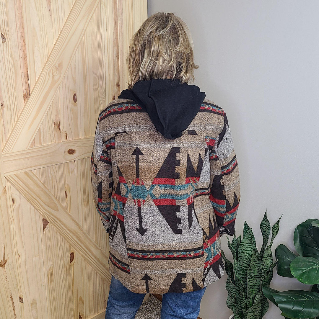 Aztec Print Raw Hem Shirt Jacket