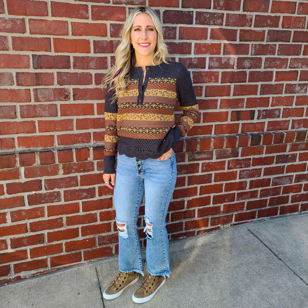 Fair Isle Mix Henley Sweater Top