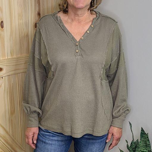 Button V-Neck Waffle Top