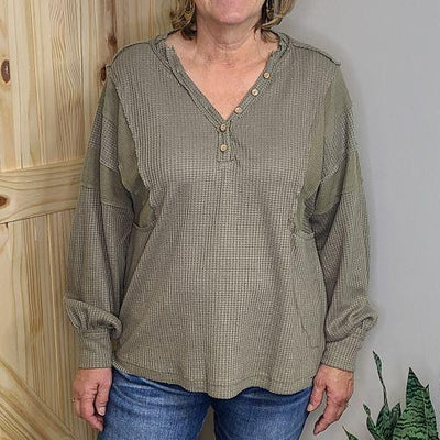 Button V-Neck Waffle Top