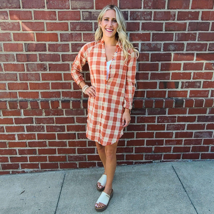 Fray Bottom Washed Plaid Shirt Dress