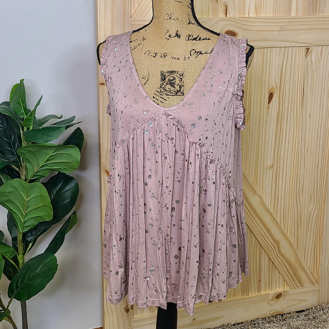 Foil Printed Raw Edged Ruffle Detail Top