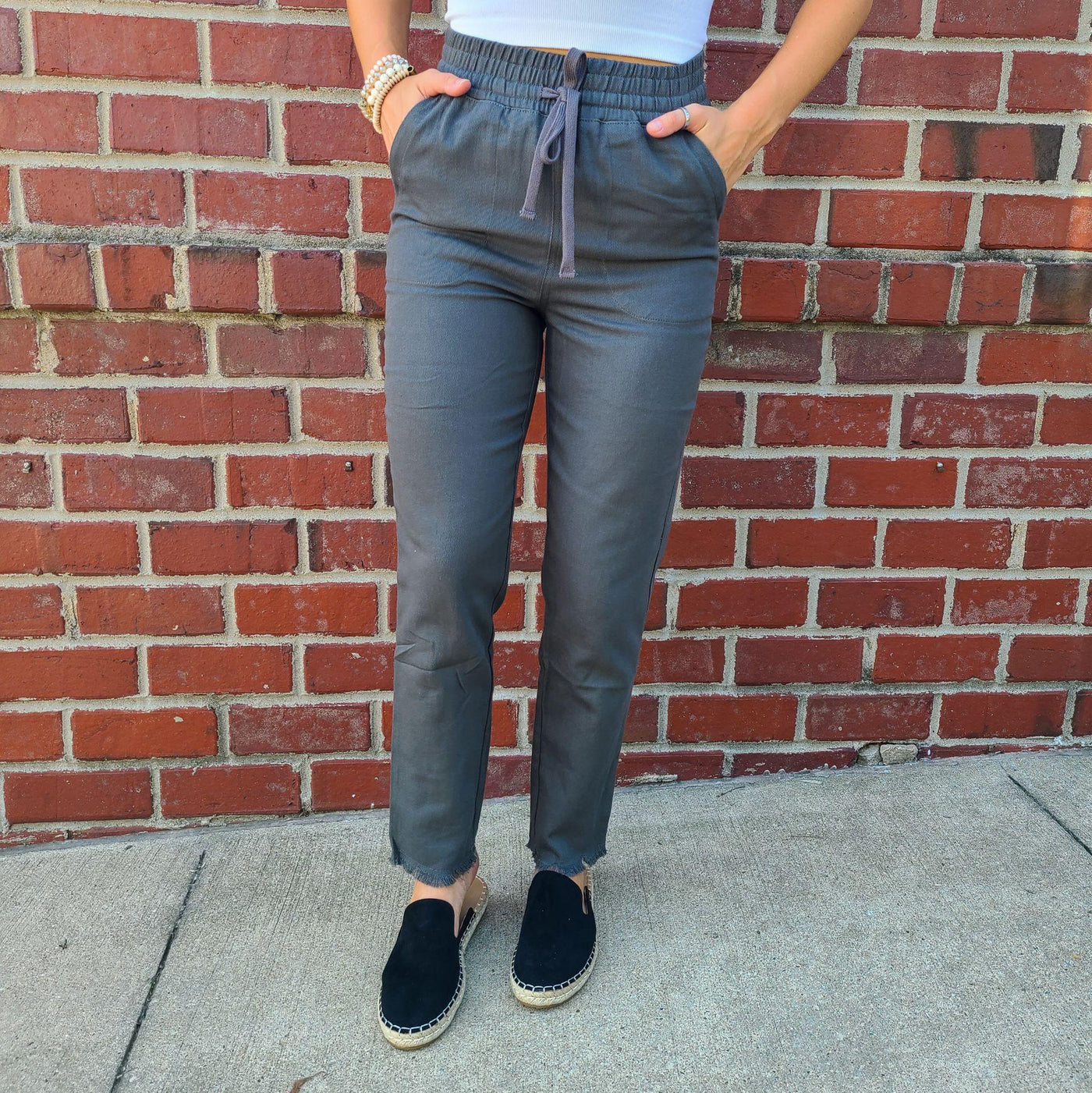 Elastic Waist Pants w/ Fray Bottom