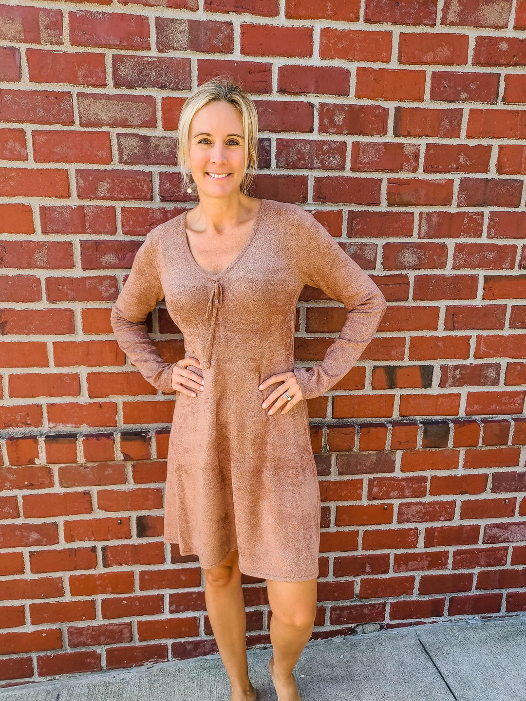 Ruched V-Neck Fuzzy Sweater Mini Dress