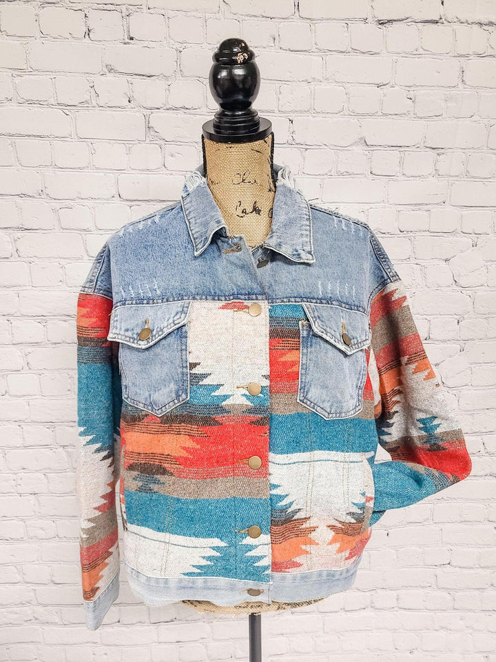 Button Up Jacket w/ Aztec Print Contrast