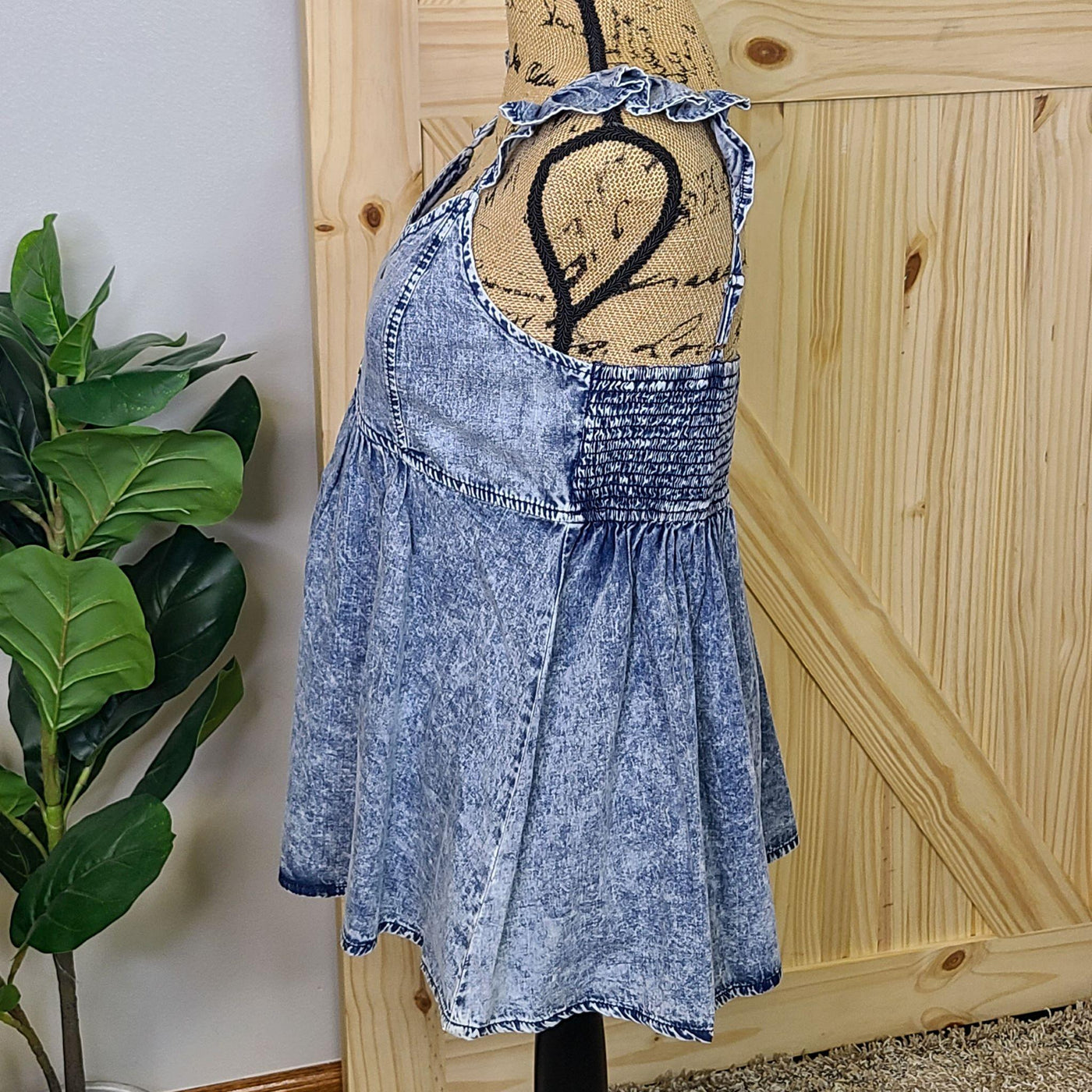 Washed Chambray Flutter Sleeve Smocked Top