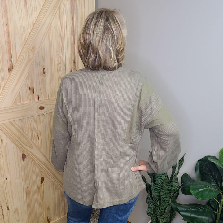 Button V-Neck Waffle Top