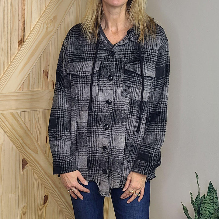 Unbalanced Raw Hem Plaid Shirt Jacket w/ Hood