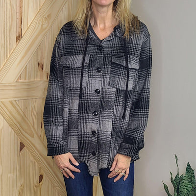 Unbalanced Raw Hem Plaid Shirt Jacket w/ Hood