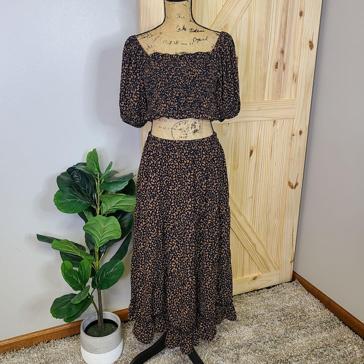 Leopard Print Maxi Skirt w/ Side Slit & Cropped Top Set