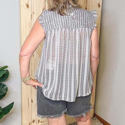 Plaid Smocked Top w/ Ruffled Shoulders