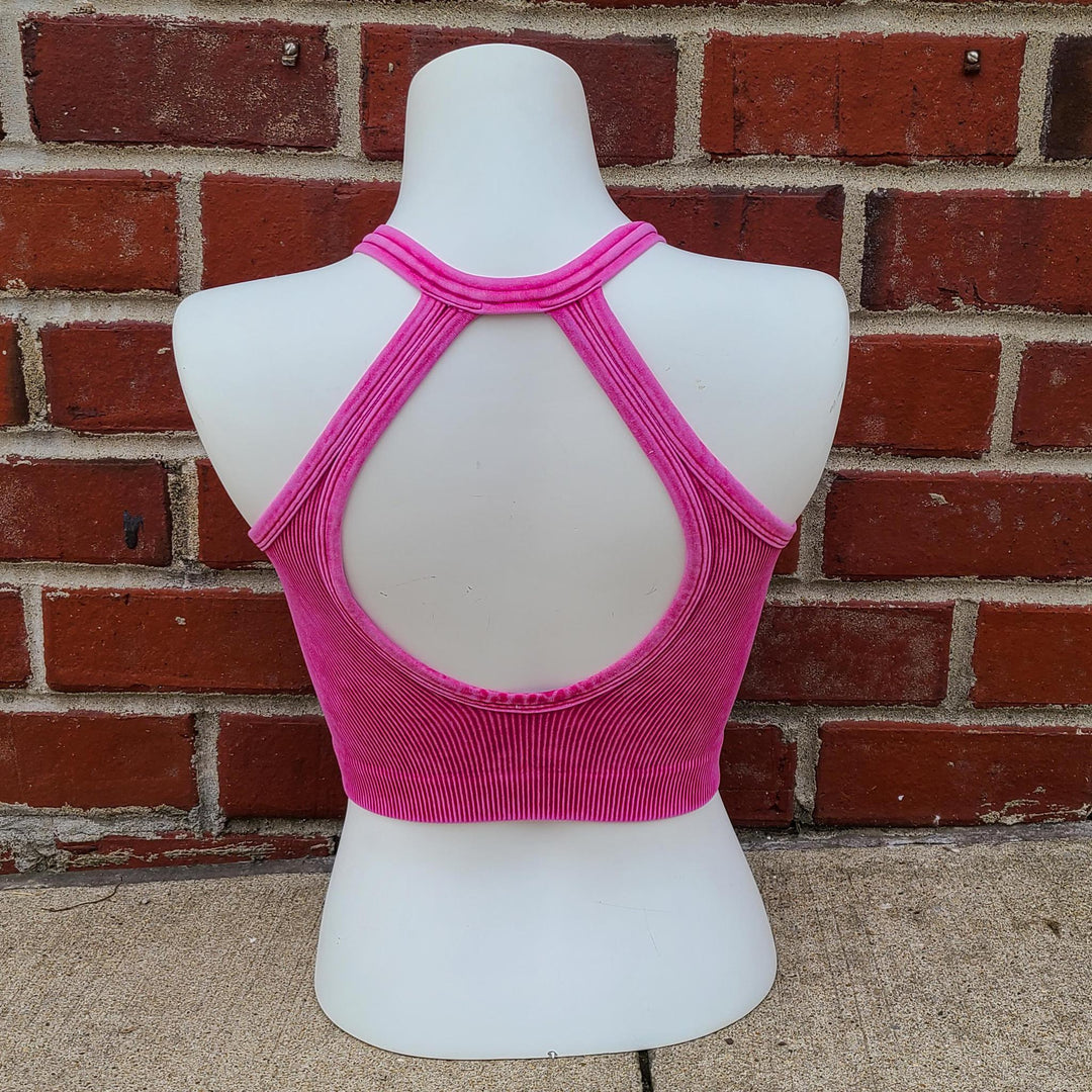 Washed Ribbed Cropped Button V-Neck Tank